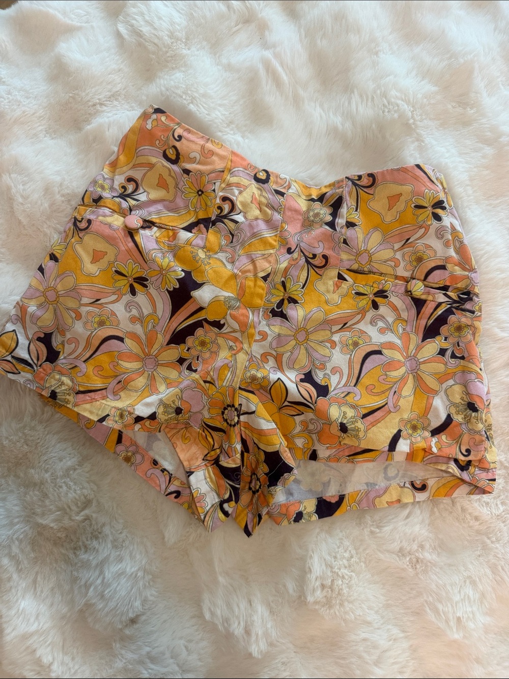 Anthropologie Floral High-Waist Shorts in Peach, Yellow & Black